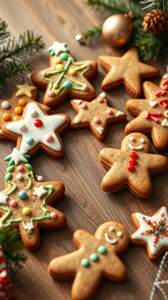 A variety of decorated gingerbread cookies in festive shapes on a wooden table with holiday decorations.